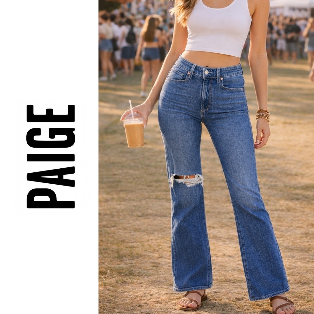 PAIGE, Leenah High Rise Wide Leg Jeans Distressed Knee Blue Denim Size 25